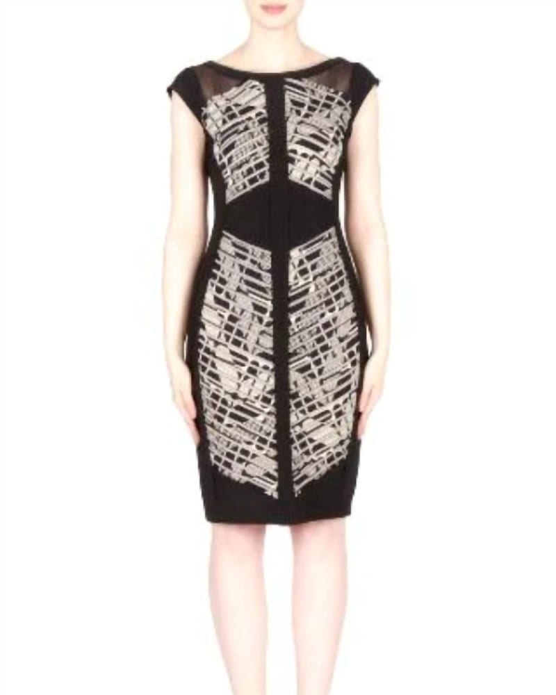 Front of a model wearing a size 12 Mesh Panel Dress In Black/Tan in Black/Tan by Joseph Ribkoff. | dia_product_style_image_id:344665